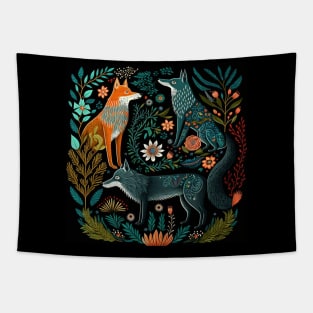 Three Folksy Funky Foxes Grooving With Thriving Fauna Tapestry