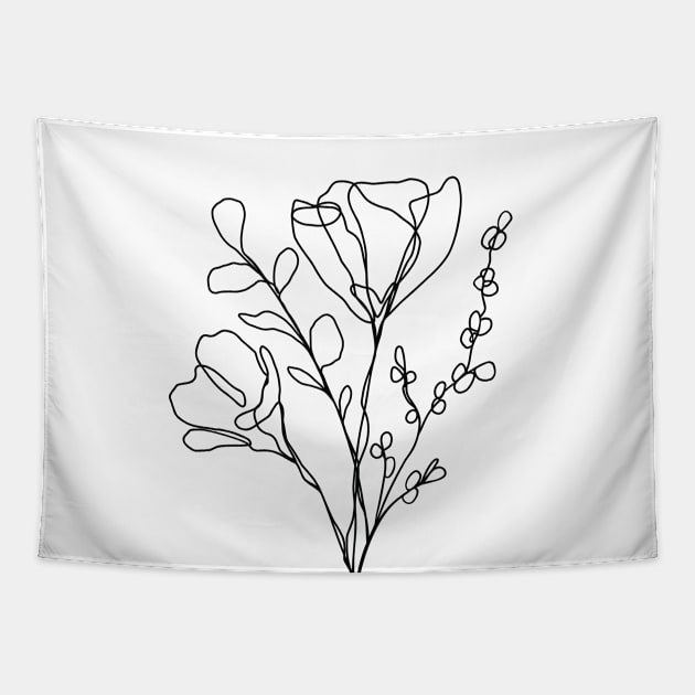 Wildflower Botanical Line Art | Elegant Floral Leaf Design Tapestry by RachelFCreative