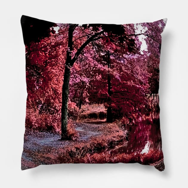 Beautiful Pink Fantasy Trail Scene with a Pond and Pink Leaves - Tomahawk Creek Pond Overland Park KS Pillow by Zen Goat 