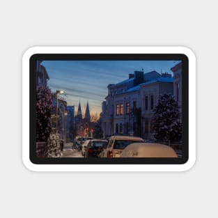 Fedellisten, winter, houses, snow, evening, dusk, Germany Magnet