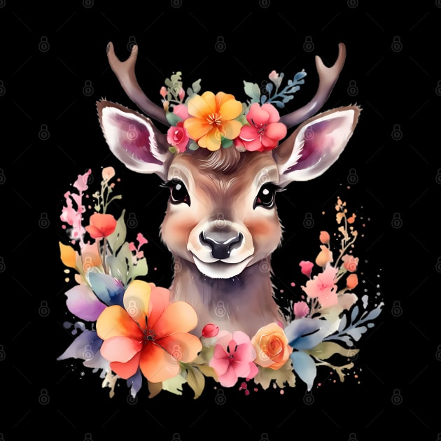 A baby deer decorated with beautiful watercolor flowers by CreativeSparkzz