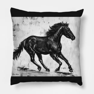 Painting of a Gorgeous Black Mustang Horse Running Pillow