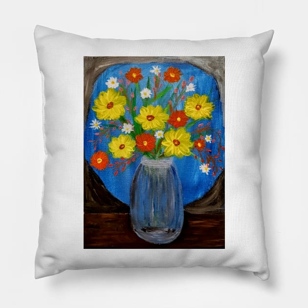 Flowers in a jar in a window at night Pillow by kkartwork