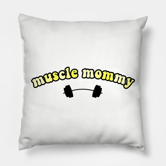 muscle mommy yellow Pillow by avamariedever