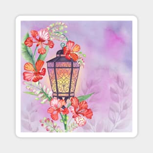 Old streetlight with tropical flowers decoration. Fairy spring garden watercolor illustration. Enchanted romantic scenery Magnet