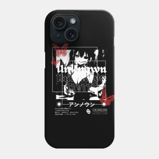 Girl with disfigured face in anime style with butterflies and Japanese text Phone Case