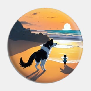 child playing with a dog on the beach. Pin