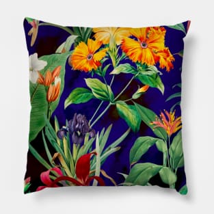 Colorful tropical floral leaves botanical illustration, tropical plants,leaves and flowers, blue leaves pattern Pillow