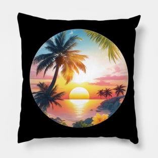 Serenity's Embrace: A Photorealistic Masterpiece of a Majestic Palm Tree and Flowers at Sunset Pillow