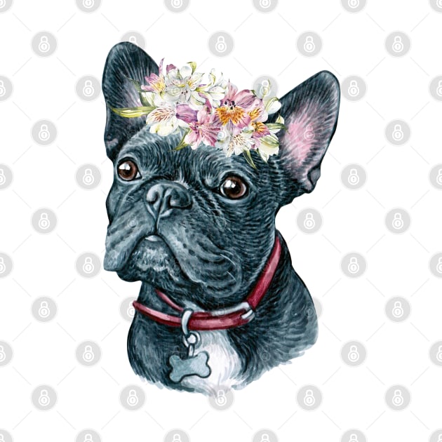 Cute Black French Bulldog with Flower Wreath Art by AdrianaHolmesArt