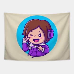 Cute Girl Gaming Holding Joystick With Hand Peace Tapestry