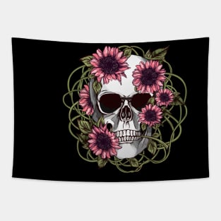 floral skull, cool skull, pink sunflowers skull mask face Tapestry