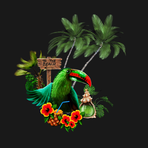 Tropical design with cute toucan with a drink and palm trees by Nicky2342