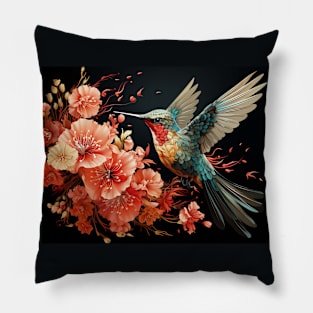 Hummingbird in Flight with Pink Flowers Pillow