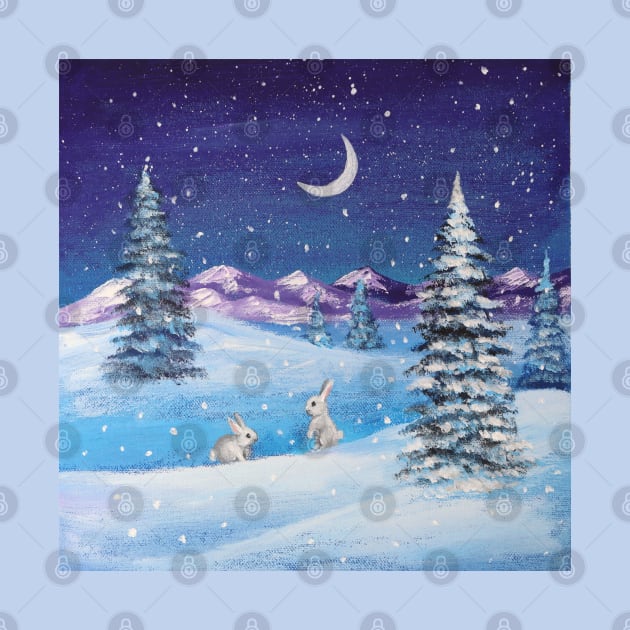 snowy mountain pine tree snow night scenery winter bunny by Tina