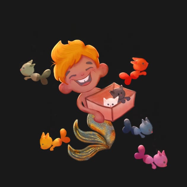 Little mermaid boy with kittens by irina_zhelinskaya