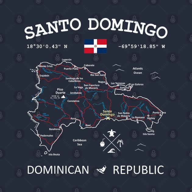 Dominican Republic Flag Travel Map Santo Domingo Coordinates Roads Rivers and Oceans White by French Salsa