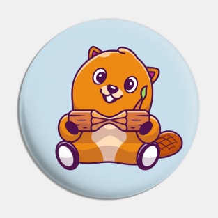 Cute Beaver Holding Wood Cartoon (2) Pin