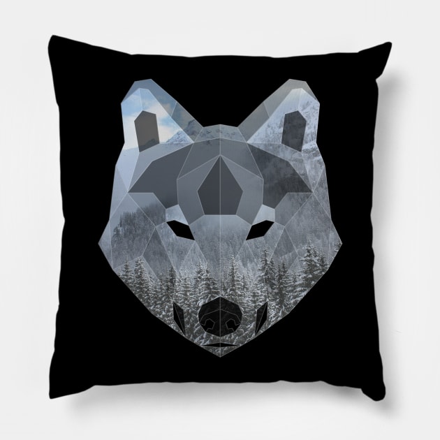 Gray Wolf Low Poly Double Exposure Art Pillow by Jay Diloy