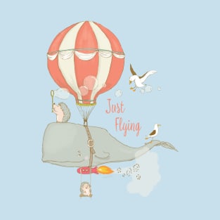 Just Flying - Whimsical Cartoon Whale with Animal Friends T-Shirt