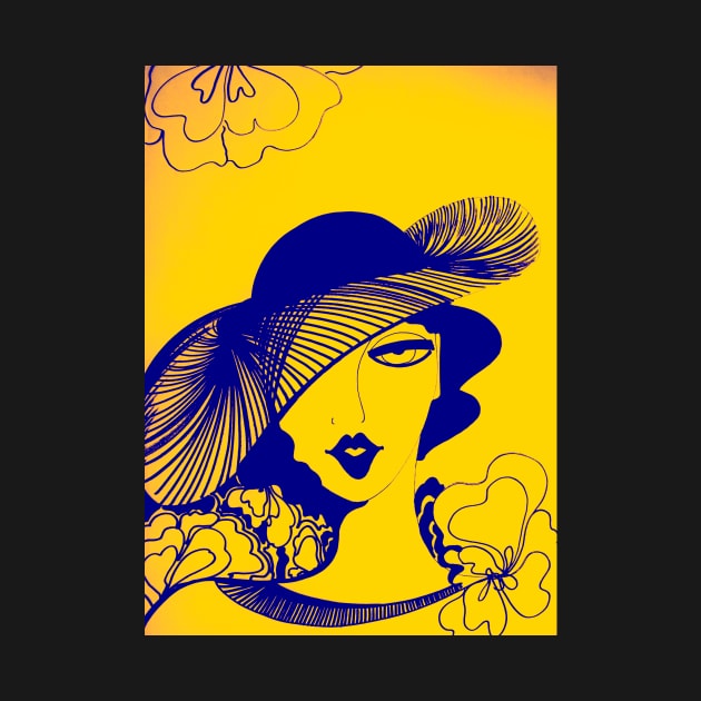 RETRO SUNSHINE YELLOW INDIGO 70S DECO LADY WITH HAT OP ART PRINT by jacquline8689