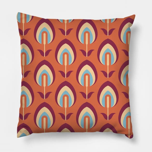 Orange Retro Flowers Pillow by Carolina Díaz