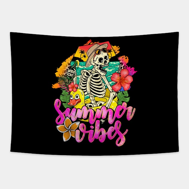 Summer Vibes - funny The skeleton took off the duck float Tapestry by vamstudio