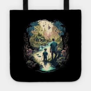 father and son bonding scenic view Tote