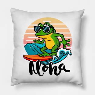 frog wears glasses, surfs and says aloha on the beach Pillow