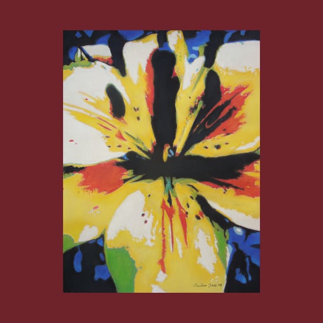 abstract painting of yellow, red and black flower by pollywolly