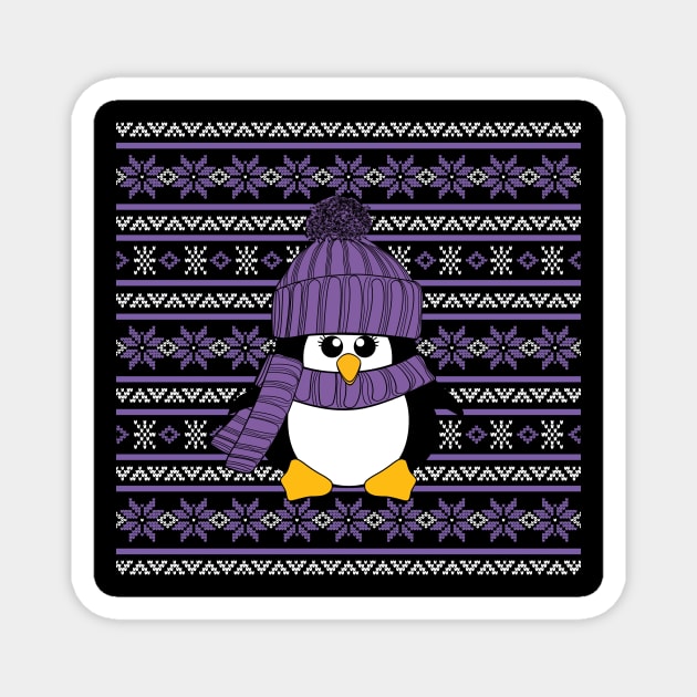 Purple Penguin Poinsettia Ugly Christmas Sweater Design Magnet by Krimbles