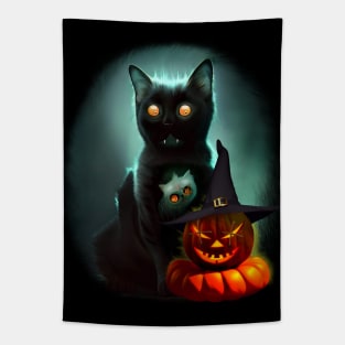 Vampire Cat and Wizard Pumpkin Halloween Surreal Art Tapestry