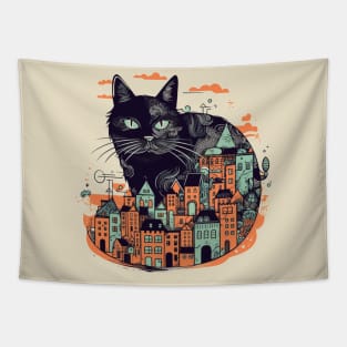 Black cat sitting in front of a colourful city Tapestry