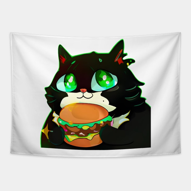 Black Fat cat with eating burger Tapestry by Meowsiful