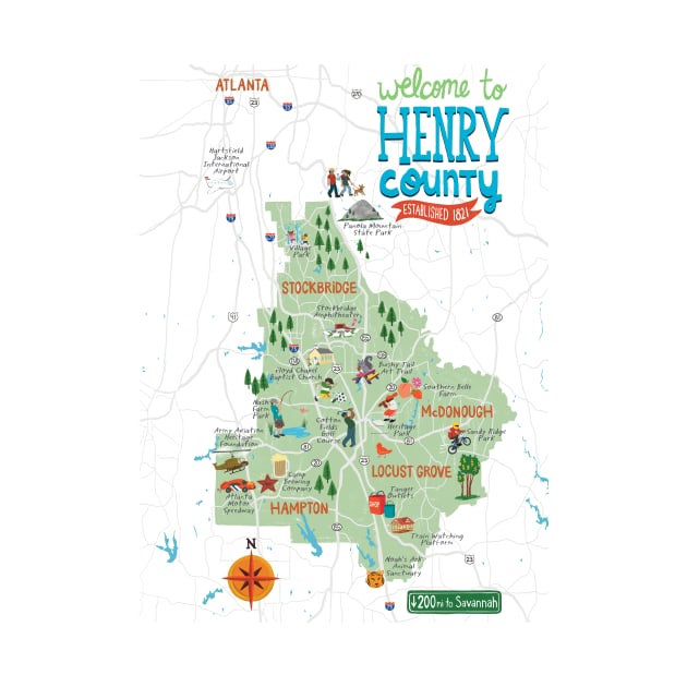 Welcome to Henry County Georgia - Illustrated Map Graphic - McDonough, Stockbridge, Locust Grove, Hampton by Steph Calvert Art