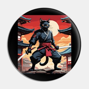 Obsidian Ninja: Black Cat Warrior in Fiery Red Attire Pin