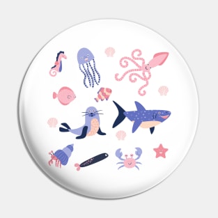 Cute sea animals underwater shark octopus seahorse happy and adorable Pin