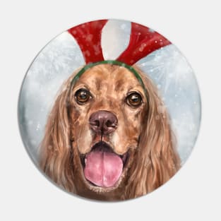 Painting of a Smiling Cocker Spaniel with a Reindeer Headpiece Antlers Costume in the Snow Pin