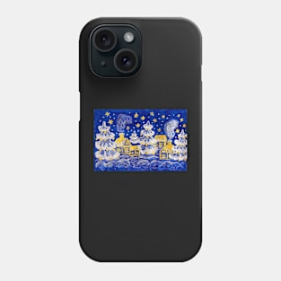 Christmas picture - winter landscape with golden houses and silver fir-trees on blue background Phone Case