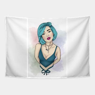 Bold Elegance: Blue-Haired Beauty Tapestry