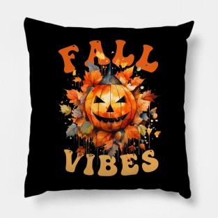 Fall Vibes Pumpkin Watercolor Illustration with Autumn Leaves Pillow