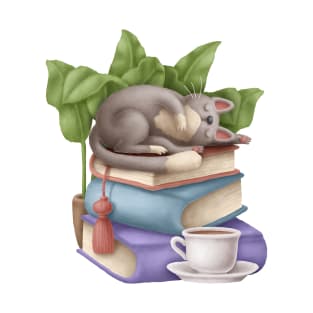Cute Cat Napping on Books with Tea T-Shirt