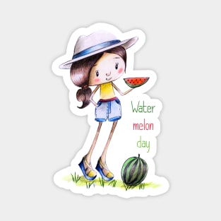 Cute girl in panama and shorts with a slice of watermelon Magnet