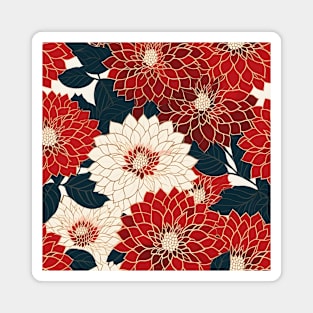 Japanese Kimono Pattern with Red Dahlias Magnet