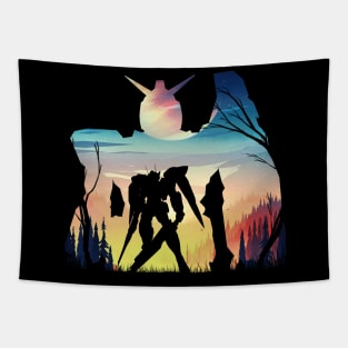 Giant Robot Mountain Sunset silhouette Tapestry