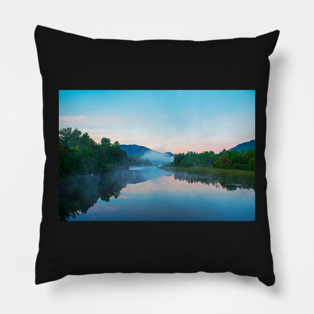 Ausable River Morning Reflection Lake Placid NY sunrise Pillow by WayneOxfordPh