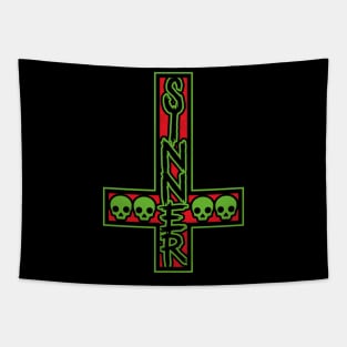 Sinner On Inverted Cross Red And Green Tapestry