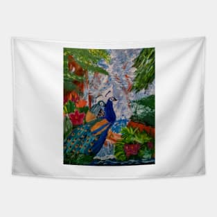 Two peacock sitting on a log branch in a forest with a waterfall in the background. Tapestry