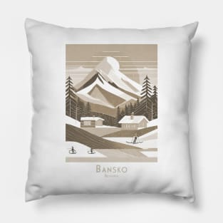 Vintage Retro Minimal Travel Sepia-Toned Bansko Ski Resort Pillow