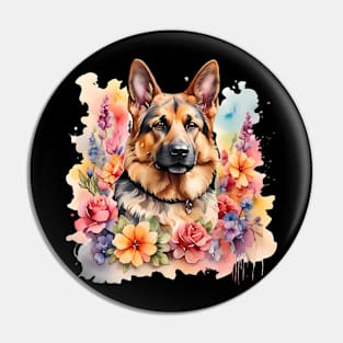 A german shepherd decorated with beautiful watercolor flowers Pin